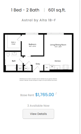 A floor plan for a 1 bedroom, 2 bathroom apartment sized 601 sq.ft.